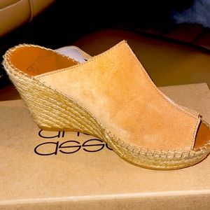 Caramel colored suede wedges